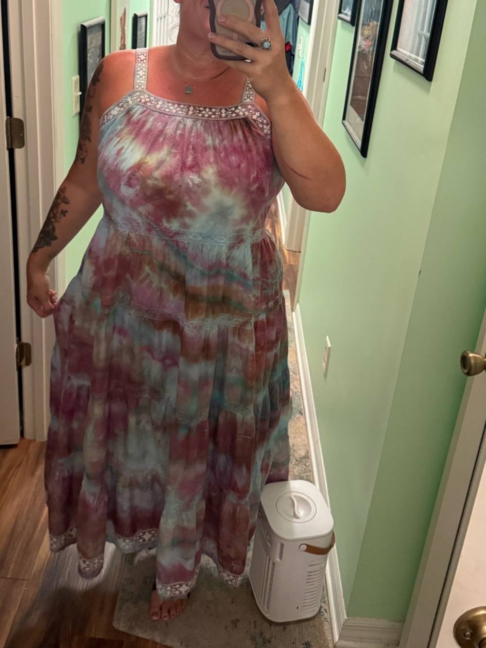 AE Sleeveless Ice Dye Tie-Dye Maxi Dress with Embroidered Trim Size XL